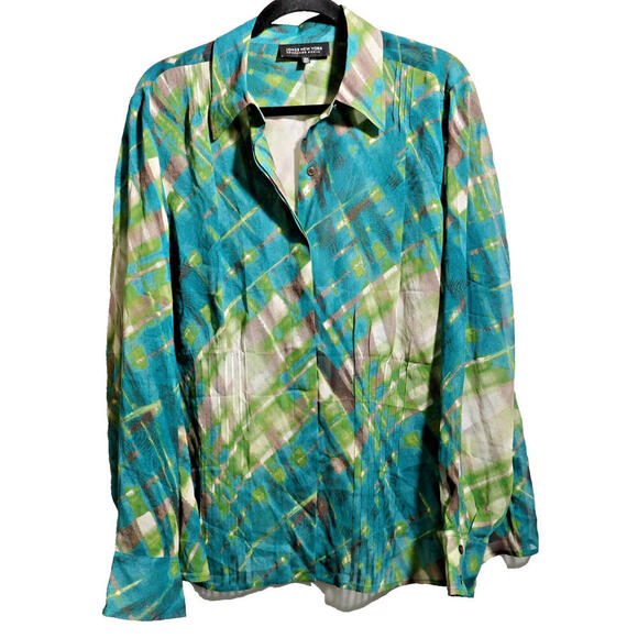Jones NY 100% Silk Button Up Top Long Sleeve Blue Green Abstract Office Art 18 W - Picture 1 of 7